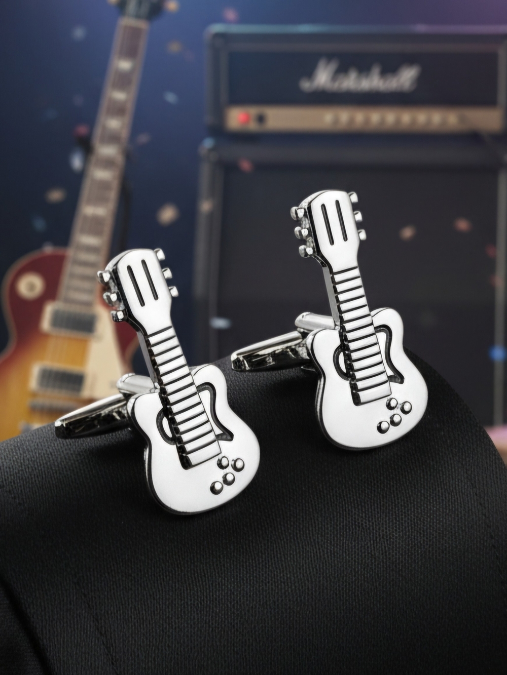 Men's Silver Guitar Cufflinks - Musical Novelty Accessory